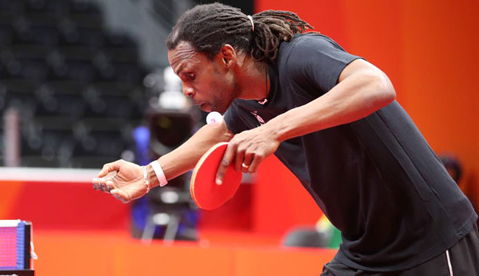 In this file photo, Team TTO’s Dexter St Louis serves off to India’s Amalraj Anthony (not pictured) during the Gold Coast 2018 XXI Commonwealth Games Team Table Tennis Round 1 at Oxenford Studios, Gold Coast, Queensland, Australia, on April 4,2018.