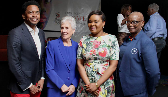 From left, president of the TT Olympic Committee and TT Commonwealth Games Association Brian Lewis, president of the Commonwealth Games Foundation Dame Louise Martin, Minister of Sport and Youth Affairs Shamfa Cudjoe and Senator and Minister for Culture and Creative Industries, St Lucia Cathelina Fortuna Belrose, at the TT Olympic Commitee and Commonwealth Games Association Advancing Women in Leadership forum, yesterday, at the Trinidad Hilton, St. Ann’s.