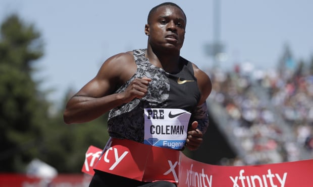 Christian Coleman wins the men’s 100m race at a Prefontaine Classic Diamond League athletics meeting in California. Photograph: Jeff Chiu/AP