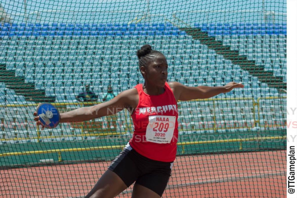 In this March 8 file photo, Lalenii Grant of Mercury throws the discus at the NAAA 2020 Carifta trials at the Hasely Crawford Stadium, Mucurapo. - Dennis Allen