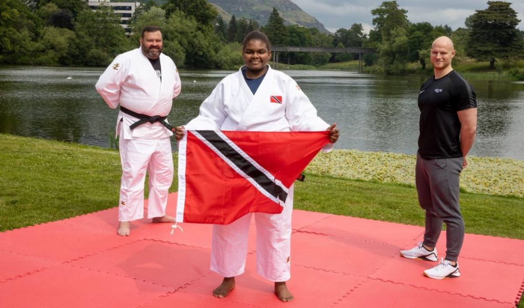 TT's Olympic-bound female judoka Gabriella Wood, centre, is flanked by Scottish coach Lee Calder, left, and the University of Stirling's 's strength and conditioning coach, Josh Walsh. - COURTESY: UNIVERITY OF STIRLING