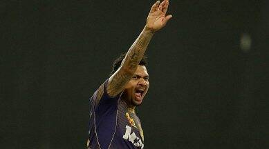 Sharjah: Sunil Narine of Kolkata Knight Riders appeals for a wicket during the Indian Premier League eliminator cricket match between Royal Challengers Bangalore and Kolkata Knight Riders, at the Sharjah Cricket Stadium in Sharjah, UAE, Monday, Oct. 11, 2021. (PTI Photo/Sportzpics)(PTI10_11_2021_000204B)