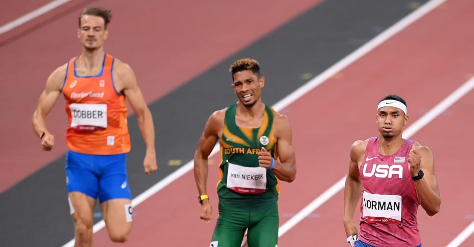 TOKYO, JAPAN - AUGUST 02: (R-L) Steven Gardiner of Team Bahamas, Michael Norman of Team United States, Wayde van Niekerk of Team South Africa and Jochem Dobber of Team Netherlands competes in the Men's 400 metres semi finals on day ten of the Tokyo 2020 Olympic Games at Olympic Stadium on August 02, 2021 in Tokyo, Japan. (Photo by Matthias Hangst/Getty Images) 2021 Getty Images