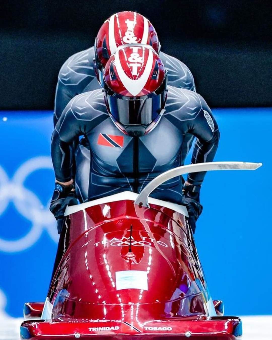 T&T bobsled team pilot Axel Brown, front, and brakeman Andre Marcano in action during a heat in the two-man bobsleigh event at the Winter Olympic Games at the Yanqing National Sliding Centre in Beijing, China on Monday. The team finished 27th of the 30 countries after heat one and two with an accumulated time of 2:01.70.  Courteys TeamTTO