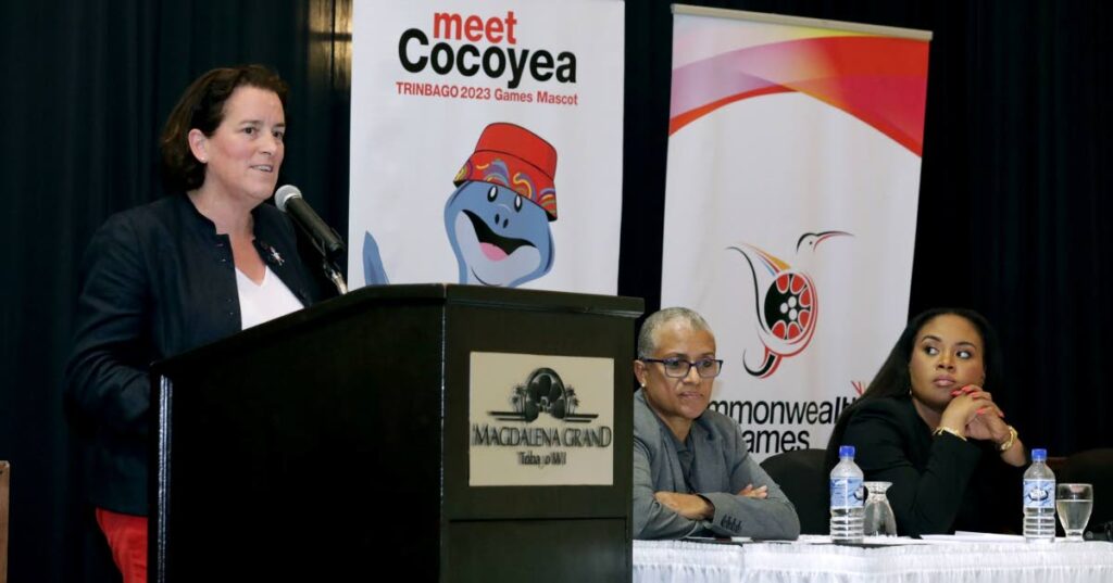 Commonwealth Games Federation, Youth Commonwealth lead for the Trinbago 2023 Games Annie Hairsine addresses a media conferennce at the Magdalena Grand Beach and Golf Resort, on Tuesday. Looking on are Minister of Sport and Community Development Shamfa Cudjoe (R) and TT Olympic Committee and TT Commonwealth Youth Games president Diane Henderson . - SporTT (Image obtained at newsday.co.tt)